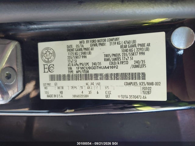Aukcja sprzedaży 2017 Ford Escape Se, vin: 1FMCU9GD7HUA41692, numer aukcji: 30100054