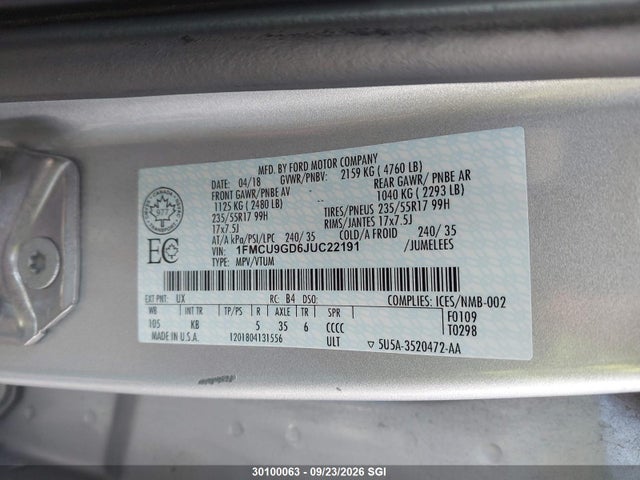 30100063 :رقم المزاد ، 1FMCU9GD6JUC22191 vin ، 2018 Ford Escape Se مزاد بيع