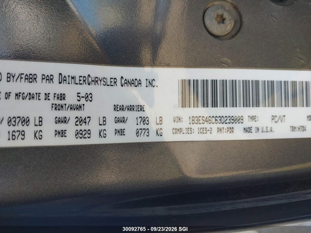 30092765 :رقم المزاد ، 1B3ES46C63D239009 vin ، 2003 Dodge Neon Sx 2.0 مزاد بيع