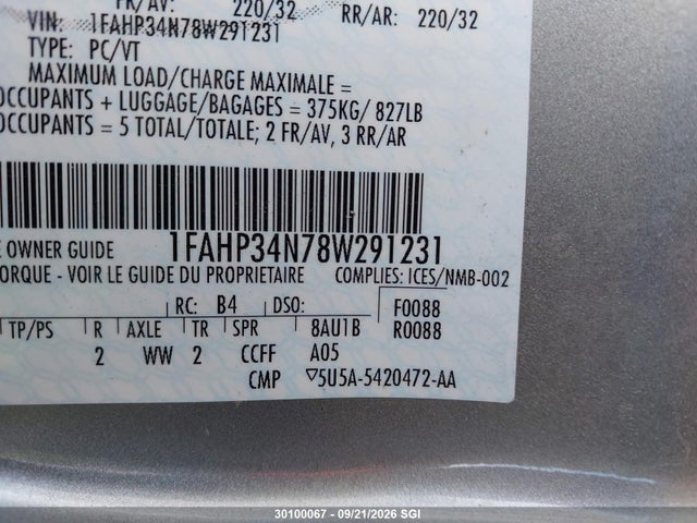 30100067 :رقم المزاد ، 1FAHP34N78W291231 vin ، 2008 Ford Focus S/se مزاد بيع