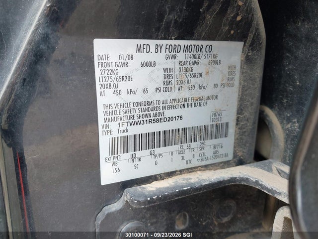 Продаж на аукціоні авто 2008 Ford F350 Srw Super Duty, vin: 1FTWW31R58ED20176, номер лоту: 30100071