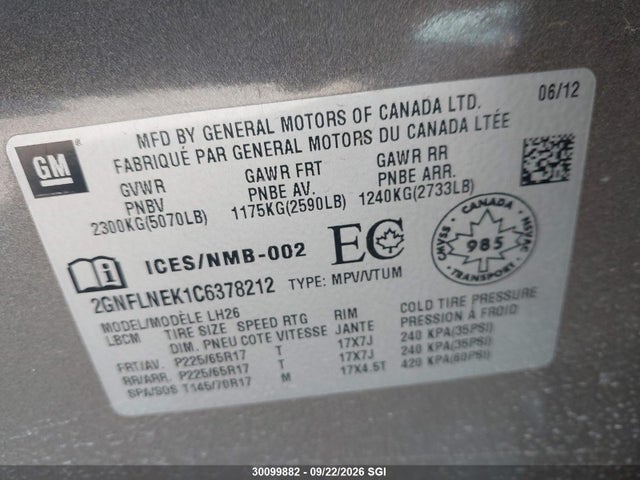 Aukcja sprzedaży 2012 Chevrolet Equinox 2lt, vin: 2GNFLNEK1C6378212, numer aukcji: 30099882