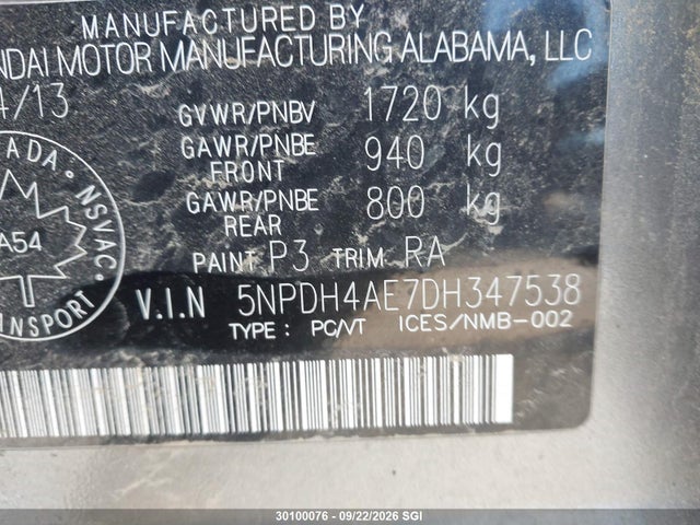 2013 Hyundai Elantra Gls/limited მანქანა იყიდება აუქციონზე, vin: 5NPDH4AE7DH347538, აუქციონის ნომერი: 30100076