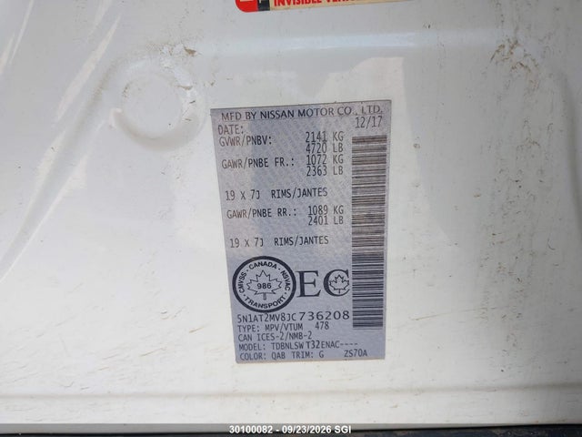 Продаж на аукціоні авто 2018 Nissan Rogue Sv/sl, vin: 5N1AT2MV8JC736208, номер лоту: 30100082