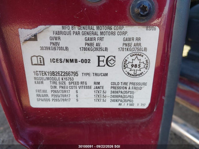 Aukcja sprzedaży 2006 Gmc New Sierra K1500, vin: 1GTEK19B26Z266795, numer aukcji: 30100091