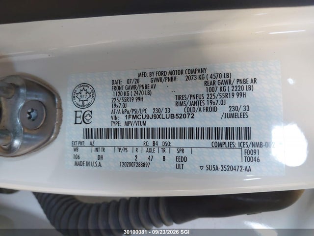Aukcja sprzedaży 2020 Ford Escape Titanium, vin: 1FMCU9J9XLUB52072, numer aukcji: 30100081