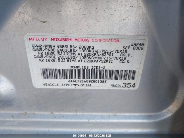 Продаж на аукціоні авто 2009 Mitsubishi Outlander Es, vin: JA4LT21W69Z601385, номер лоту: 30100096