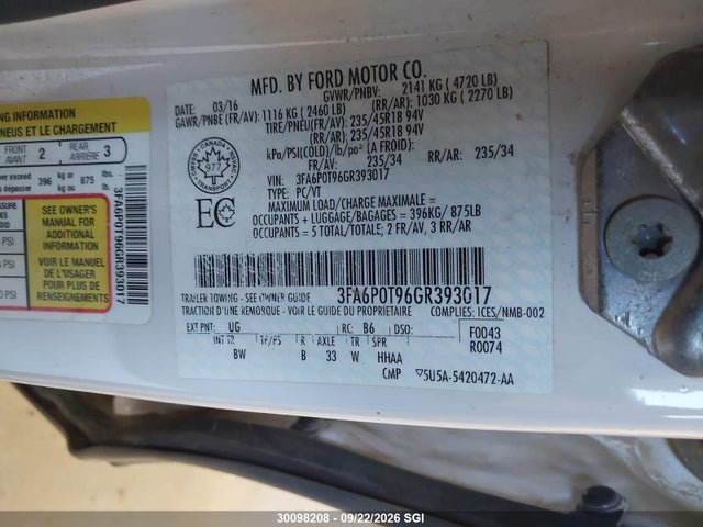 Auction sale of the 2016 Ford Fusion Se, vin: 3FA6P0T96GR393017, lot number: 30098208