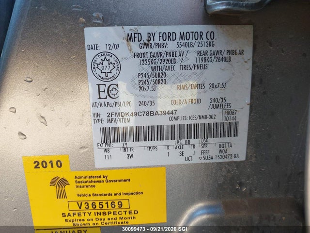 30099473 :رقم المزاد ، 2FMDK49C78BA39447 vin ، 2008 Ford Edge Limited مزاد بيع
