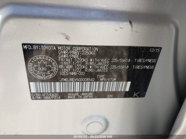 30100125 :رقم المزاد ، JTMDJREV5GD008542 vin ، 2016 Toyota Rav4 Hv Limited مزاد بيع