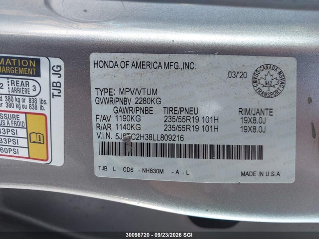 Aukcja sprzedaży 2020 Acura Rdx, vin: 5J8TC2H38LL809216, numer aukcji: 30098720