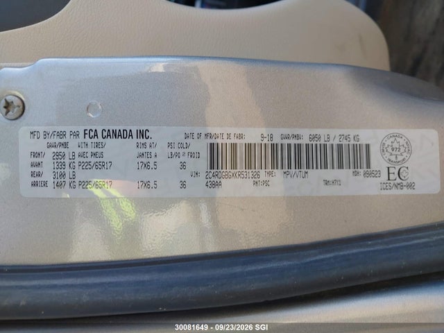 30081649 :رقم المزاد ، 2C4RDGBGXKR531326 vin ، 2019 Dodge Grand Caravan Se مزاد بيع