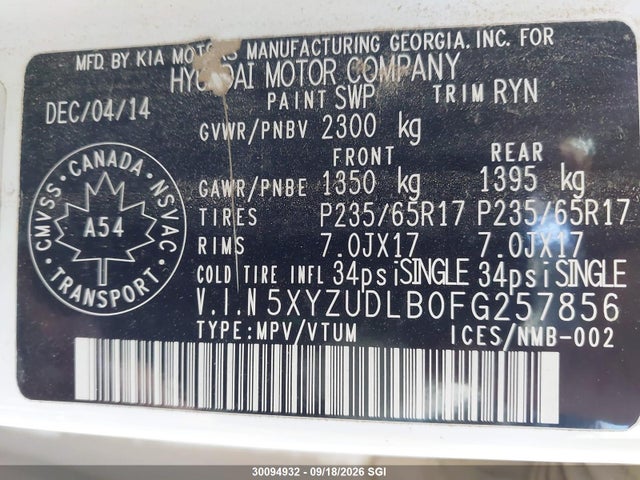 Продаж на аукціоні авто 2015 Hyundai Santa Fe Sport, vin: 5XYZUDLB0FG257856, номер лоту: 30094932