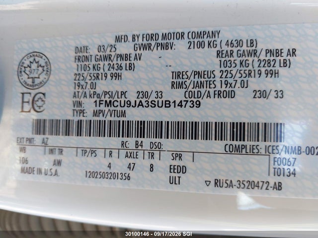 Aukcja sprzedaży 2025 Ford Escape Platinum, vin: 1FMCU9JA3SUB14739, numer aukcji: 30100146