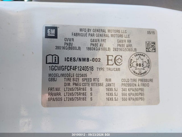 Продажа на аукционе авто 2015 Chevrolet Express G2500, vin: 1GCWGFCF4F1240518, номер лота: 30100012