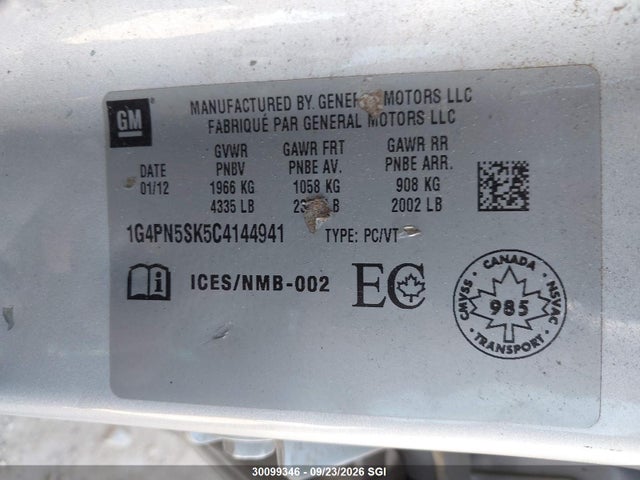 2012 Buick Verano მანქანა იყიდება აუქციონზე, vin: 1G4PN5SK5C4144941, აუქციონის ნომერი: 30099346