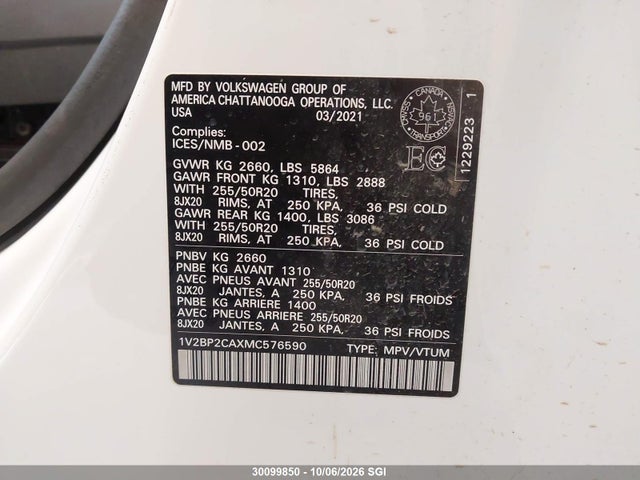 Aukcja sprzedaży 2021 Volkswagen Atlas Sel, vin: 1V2BP2CAXMC576590, numer aukcji: 30099850