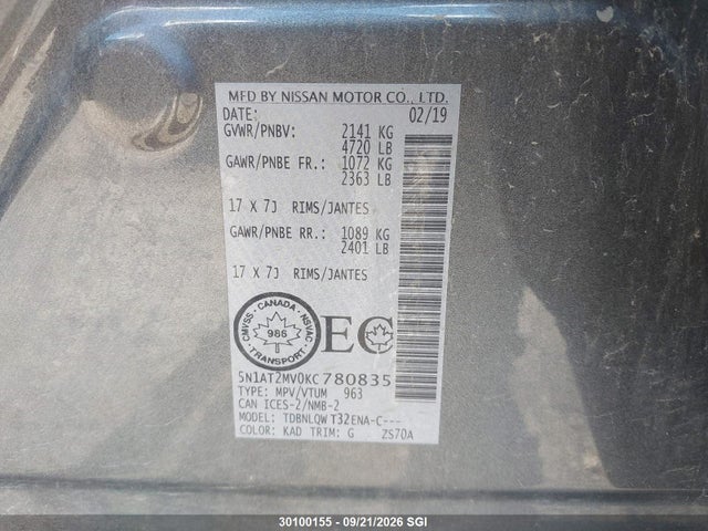 Продаж на аукціоні авто 2019 Nissan Rogue S/sl/sv, vin: 5N1AT2MV0KC780835, номер лоту: 30100155