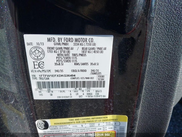 Продажа на аукционе авто 2013 Ford F150 Supercrew, vin: 1FTFW1EFXDKG36494, номер лота: 30100156