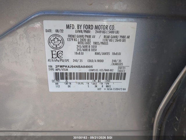 Продаж на аукціоні авто 2022 Ford Edge Sel, vin: 2FMPK4J94NBA84905, номер лоту: 30100163
