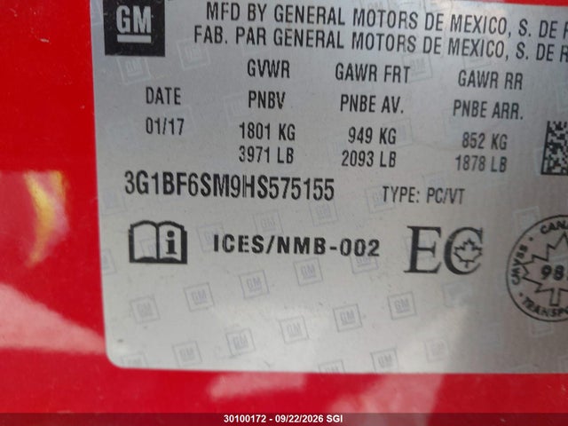 Продаж на аукціоні авто 2017 Chevrolet Cruze Premier, vin: 3G1BF6SM9HS575155, номер лоту: 30100172