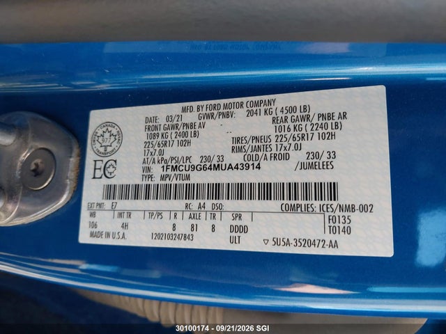 30100174 :رقم المزاد ، 1FMCU9G64MUA43914 vin ، 2021 Ford Escape Se مزاد بيع