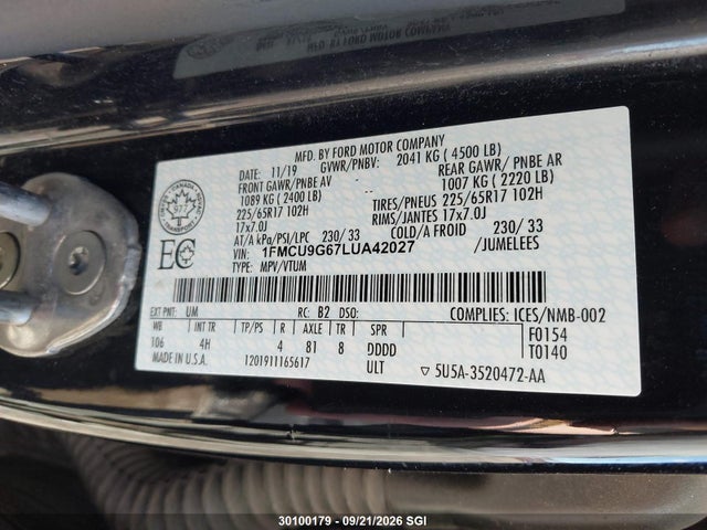 Продаж на аукціоні авто 2020 Ford Escape Se, vin: 1FMCU9G67LUA42027, номер лоту: 30100179