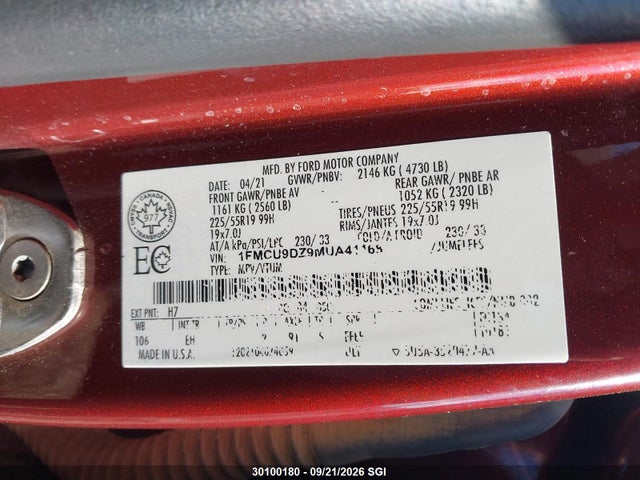 30100180 :رقم المزاد ، 1FMCU9DZ9MUA41168 vin ، 2021 Ford Escape Titanium مزاد بيع