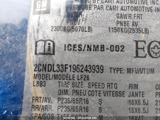Aukcja sprzedaży 2009 Chevrolet Equinox Lt, vin: 2CNDL33F196243939, numer aukcji: 30100186