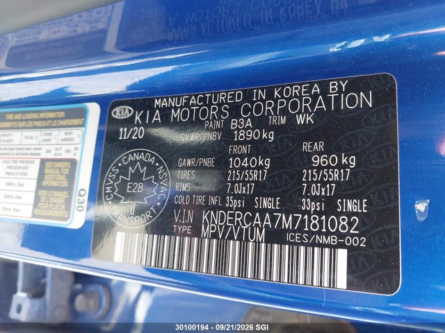 30100194 :رقم المزاد ، KNDERCAA7M7181082 vin ، 2021 Kia Seltos Ex مزاد بيع