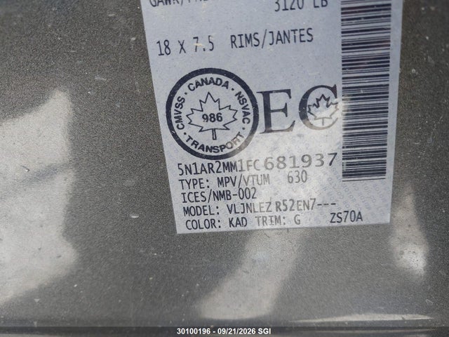 Aukcja sprzedaży 2015 Nissan Pathfinder S/sv/sl/platinum, vin: 5N1AR2MM1FC681937, numer aukcji: 30100196
