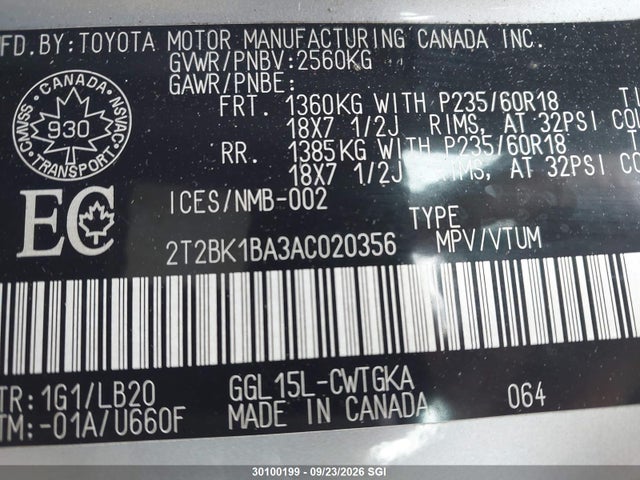 Aukcja sprzedaży 2010 Lexus Rx 350, vin: 2T2BK1BA3AC020356, numer aukcji: 30100199