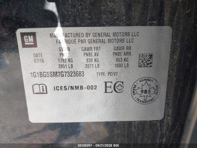 30100201 :رقم المزاد ، 1G1BG5SM7G7323683 vin ، 2016 Chevrolet Cruze Premier مزاد بيع