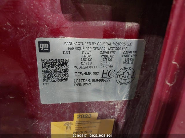 30100217 :رقم المزاد ، 1G1ZD5ST0MF086177 vin ، 2021 Chevrolet Malibu Lt مزاد بيع