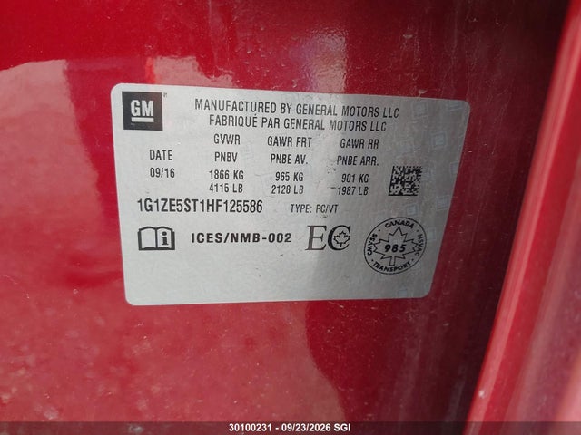 30100231 :رقم المزاد ، 1G1ZE5ST1HF125586 vin ، 2017 Chevrolet Malibu Lt مزاد بيع