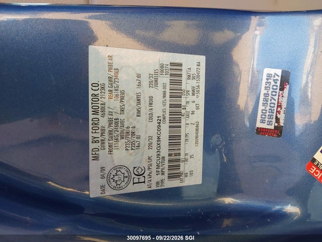 Продажа на аукционе авто 2009 Ford Escape Xlt, vin: 1FMCU93GX9KC09421, номер лота: 30097695