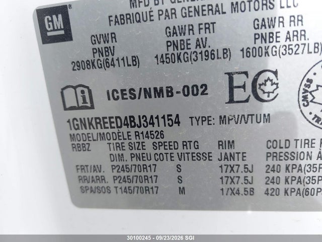 Aukcja sprzedaży 2011 Chevrolet Traverse Ls, vin: 1GNKREED4BJ341154, numer aukcji: 30100245