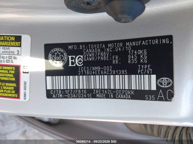 30099214 :رقم المزاد ، 2T1BU4EE6AC391395 vin ، 2010 Toyota Corolla Ce مزاد بيع