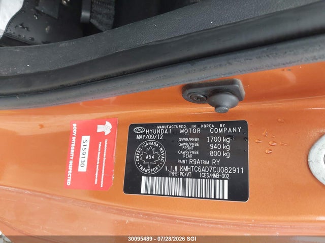 2012 Hyundai Veloster Tech მანქანა იყიდება აუქციონზე, vin: KMHTC6AD7CU082911, აუქციონის ნომერი: 30095489