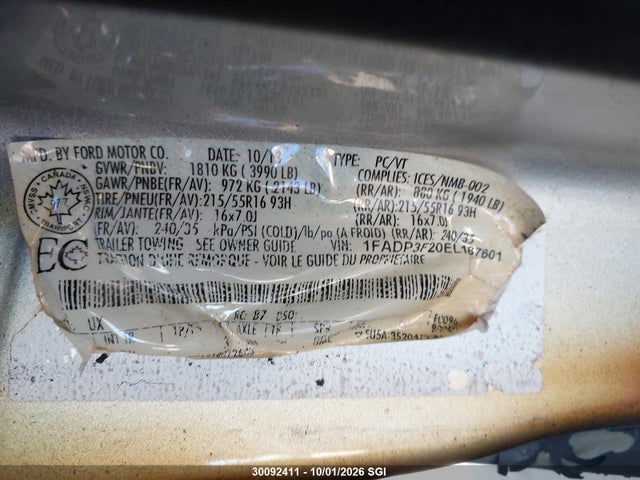 2014 Ford Focus Se მანქანა იყიდება აუქციონზე, vin: 1FADP3F20EL187601, აუქციონის ნომერი: 30092411