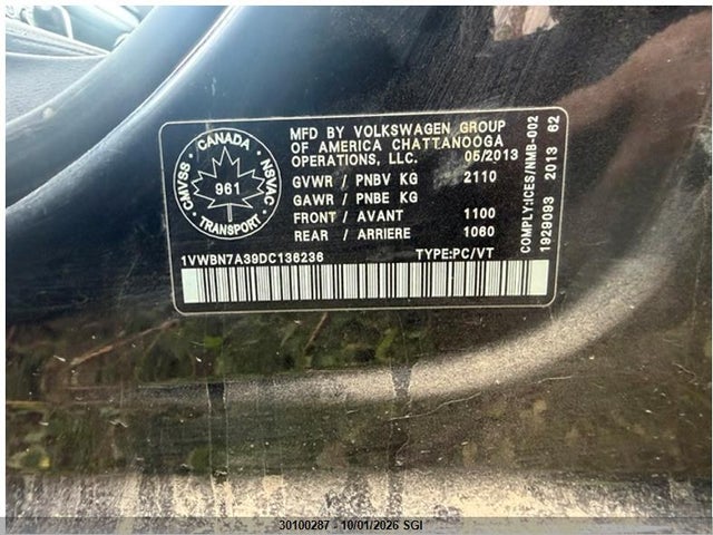 30100287 :رقم المزاد ، 1VWBN7A39DC136236 vin ، 2013 Volkswagen Passat Se مزاد بيع