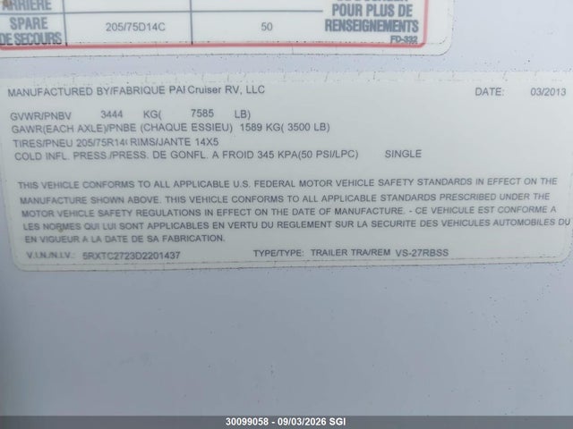 Продаж на аукціоні авто 2013 Cruiser Viewfinder, vin: 5RXTC2723D2201437, номер лоту: 30099058