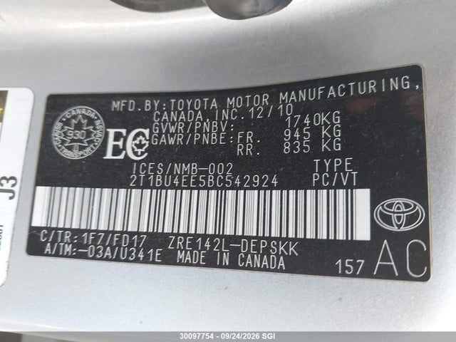 2011 Toyota Corolla S მანქანა იყიდება აუქციონზე, vin: 2T1BU4EE5BC542924, აუქციონის ნომერი: 30097754