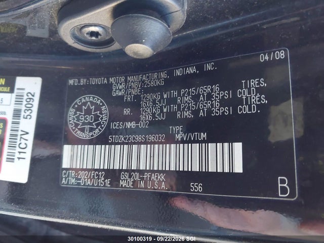 Продажа на аукционе авто 2008 Toyota Sienna Ce/le, vin: 5TDZK23C98S196032, номер лота: 30100319