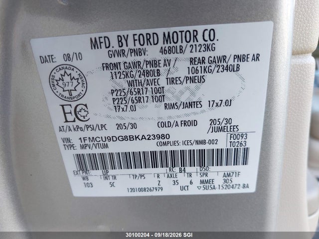 Продажа на аукционе авто 2011 Ford Escape Xlt, vin: 1FMCU9DG8BKA23980, номер лота: 30100204