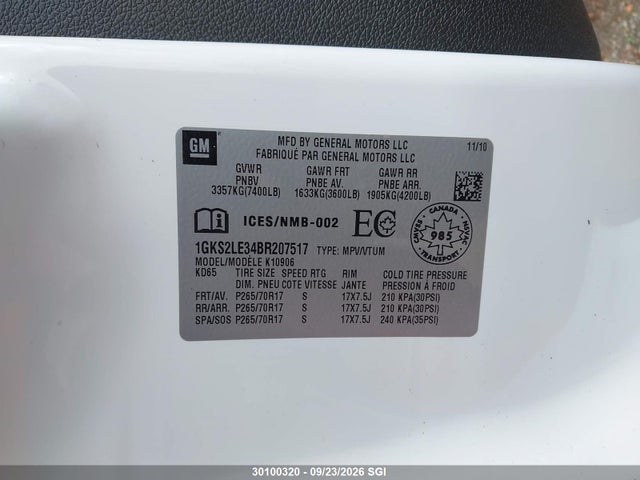 Aukcja sprzedaży 2011 Gmc Yukon Xl K1500 Slt, vin: 1GKS2LE34BR207517, numer aukcji: 30100320