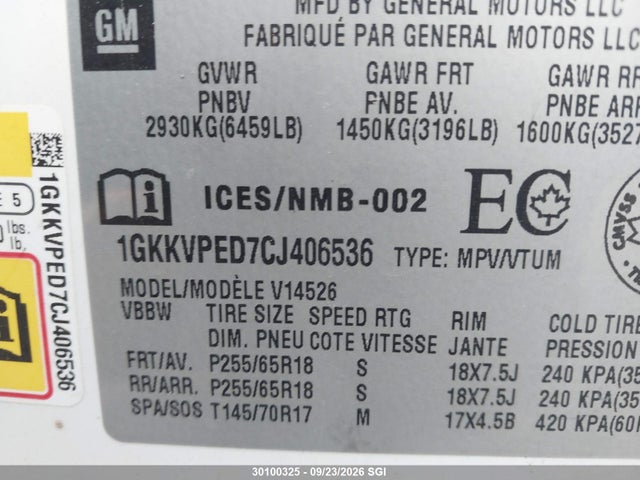 Продаж на аукціоні авто 2012 Gmc Acadia Sle, vin: 1GKKVPED7CJ406536, номер лоту: 30100325