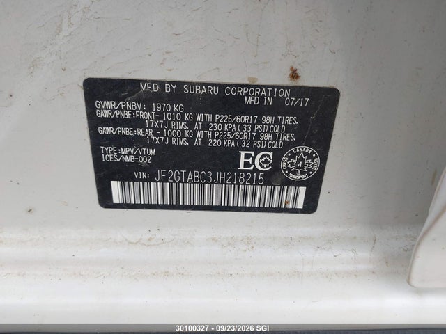Aukcja sprzedaży 2018 Subaru Crosstrek Premium, vin: JF2GTABC3JH218215, numer aukcji: 30100327