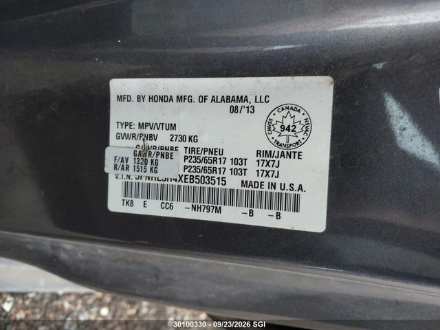 2014 Honda Odyssey Ex მანქანა იყიდება აუქციონზე, vin: 5FNRL5H4XEB503515, აუქციონის ნომერი: 30100330