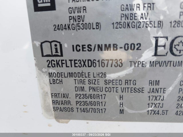 30100337 :رقم المزاد ، 2GKFLTE3XD6167733 vin ، 2013 Gmc Terrain مزاد بيع